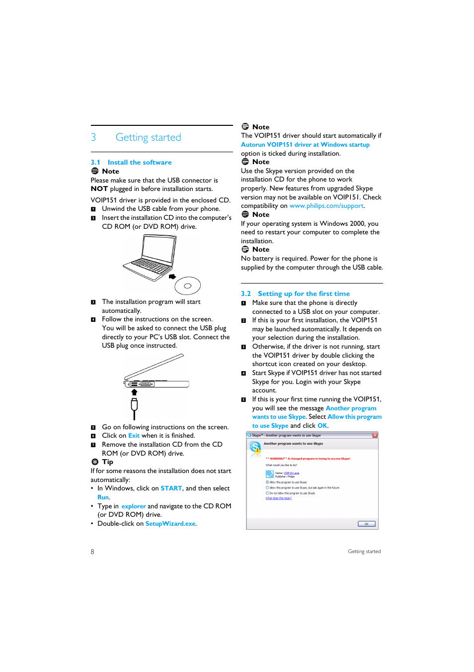 3 getting started, 1 install the software, 2 setting up for the first time | 3getting started | Philips VOIP1511B-37 User Manual | Page 10 / 26