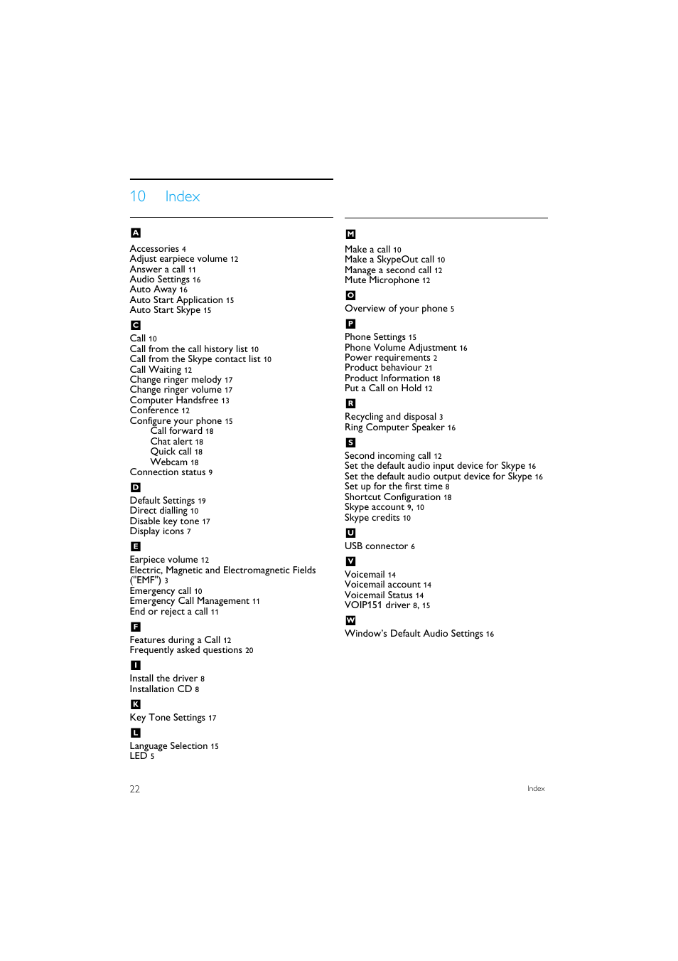10 index | Philips VOIP1511B-37 User Manual | Page 24 / 26