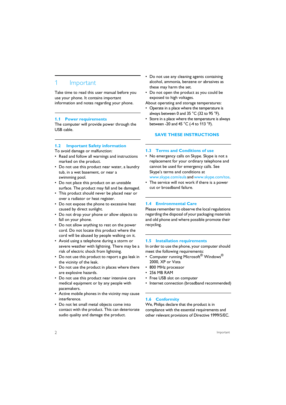 1 important, 1 power requirements, 2 important safety information | 3 terms and conditions of use, 4 environmental care, 5 installation requirements, 6 conformity, 1important | Philips VOIP1511B-37 User Manual | Page 4 / 26