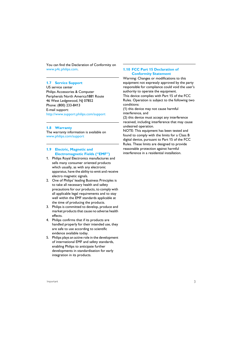 7 service support, 8 warranty, 10 fcc part 15 declaration of conformity statement | Philips VOIP1511B-37 User Manual | Page 5 / 26