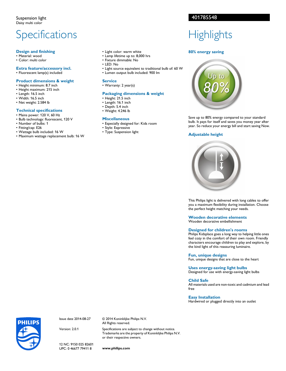Specifications, Highlights | Philips 401785548 User Manual | Page 2 / 2