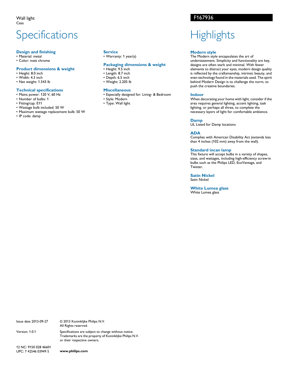Specifications, Highlights | Philips F167936 User Manual | Page 2 / 2