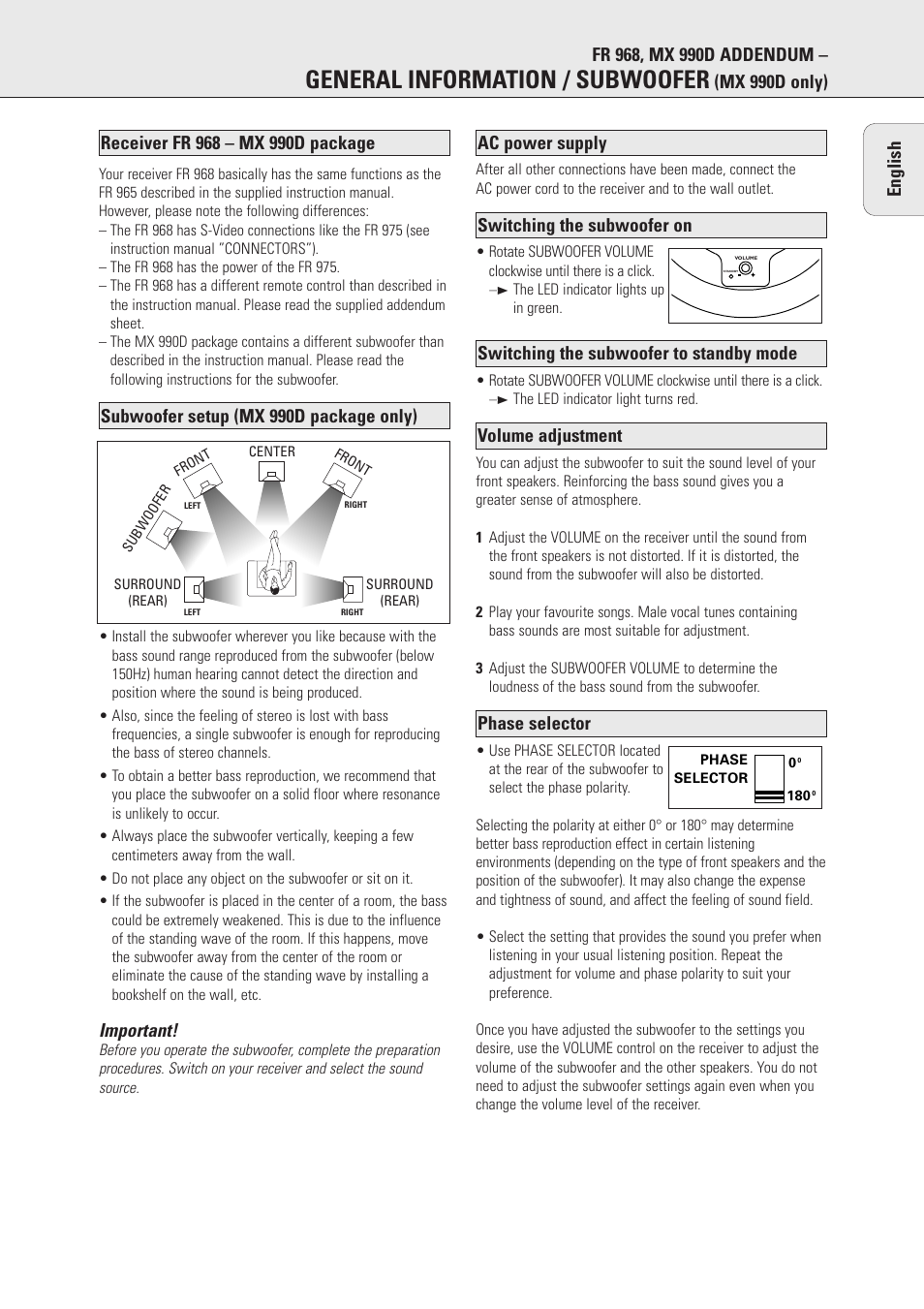 General information / subwoofer, Mx 990d only) english, Important | Philips MX990DHT User Manual | Page 2 / 35