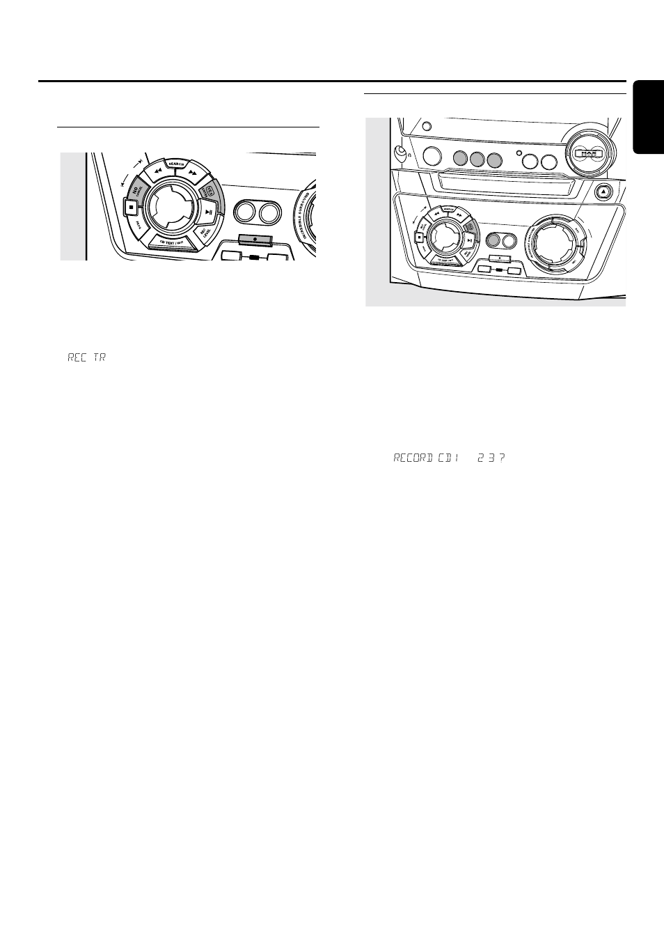 Internal recording, Recording a single track, Recording an entire cd | Recording a single track during playback, Play your desired track on the cd changer, Rec tr and the tracknumber are displayed, Press either: yes to start recording, The arrow lights, Press yes to start recording and finalizing, Is shown and the program is available again | Philips FWR33 User Manual | Page 22 / 87