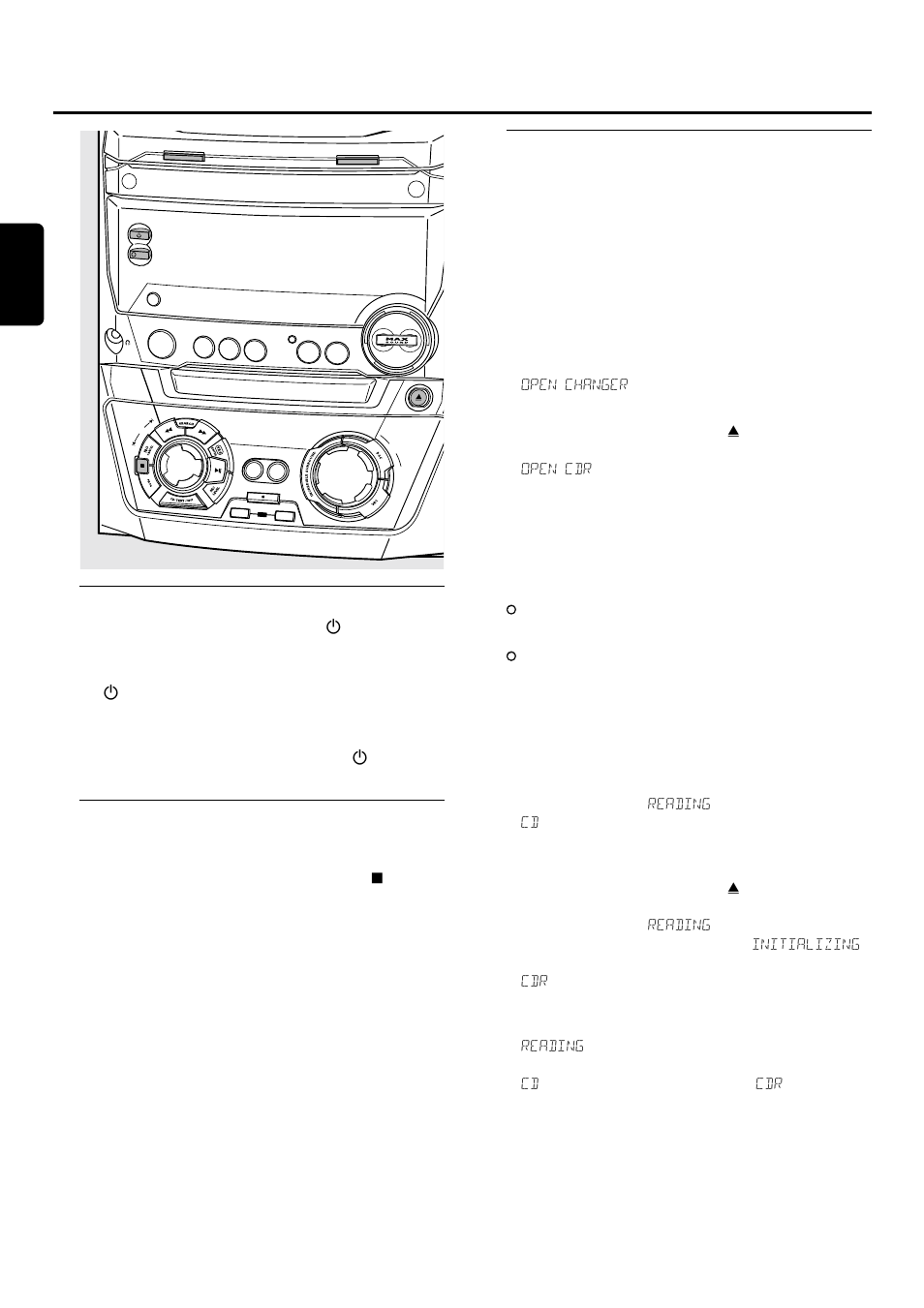 Fonctions de base, Mise en veille, Mode démo | Mise en place des disques dans le cdc et le cdr, Le tiroir se ferme et reading s’affiche, Reading s’affiche, Fran ç ais | Philips FWR33 User Manual | Page 45 / 87