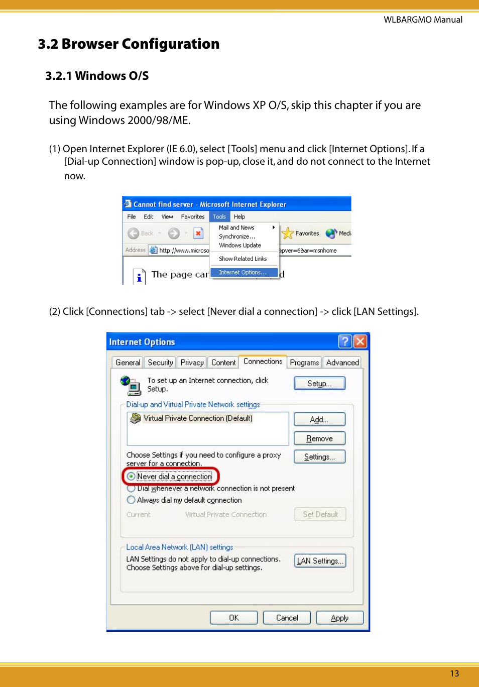 2 browser configuration, 1 windows o/s, 2 browser conﬁguration | Browser configuration | Allied Telesis CG-WLBARGMO User Manual | Page 15 / 56