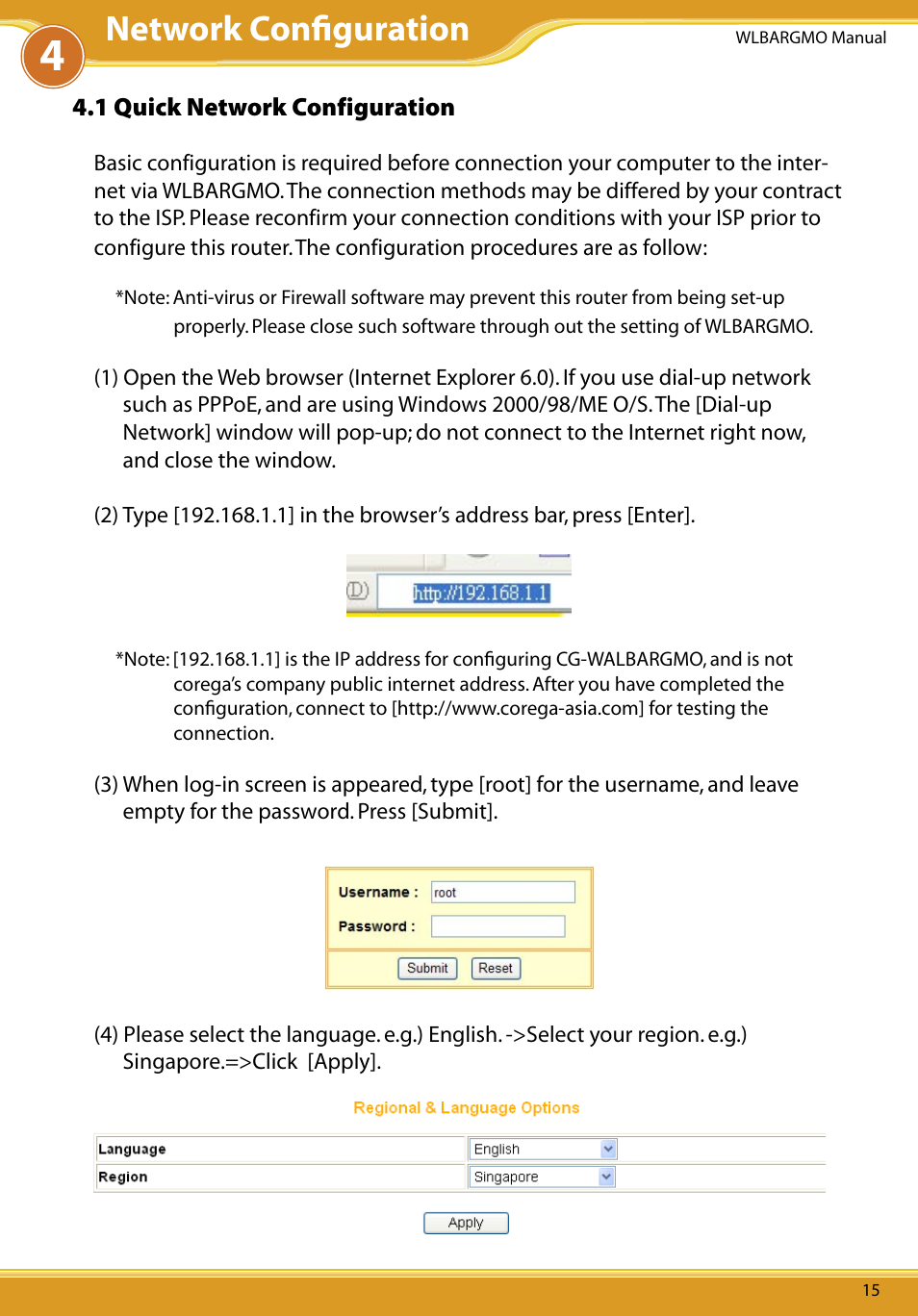 1 quick network configuration, 1 quick network conﬁguration, Network conﬁguration | Allied Telesis CG-WLBARGMO User Manual | Page 17 / 56