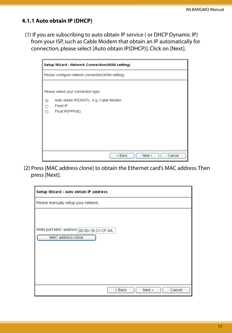 1 auto obtain ip (dhcp) | Allied Telesis CG-WLBARGMO User Manual | Page 19 / 56