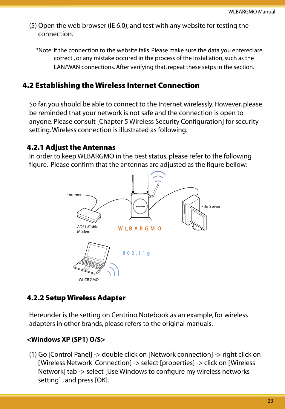 2 establishing wireless internet connection, 2 establishing the wireless internet connection, 1 adjust the antennas | 2 setup wireless adapter | Allied Telesis CG-WLBARGMO User Manual | Page 25 / 56