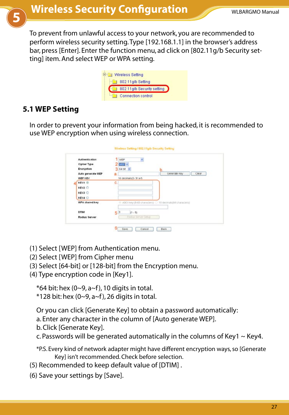 1 wep setting, Wireless security conﬁguration | Allied Telesis CG-WLBARGMO User Manual | Page 29 / 56