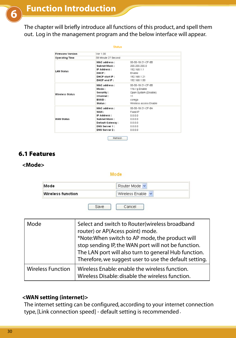 1 features, Mode, Function introduction | Allied Telesis CG-WLBARGMO User Manual | Page 32 / 56
