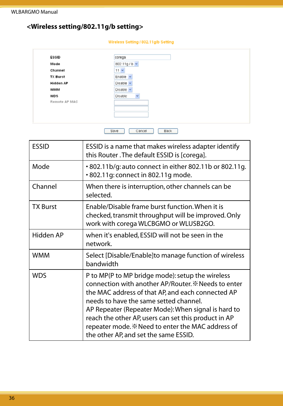 Wireless setting/802.11g/b security setting, Wireless setting/access control | Allied Telesis CG-WLBARGMO User Manual | Page 38 / 56