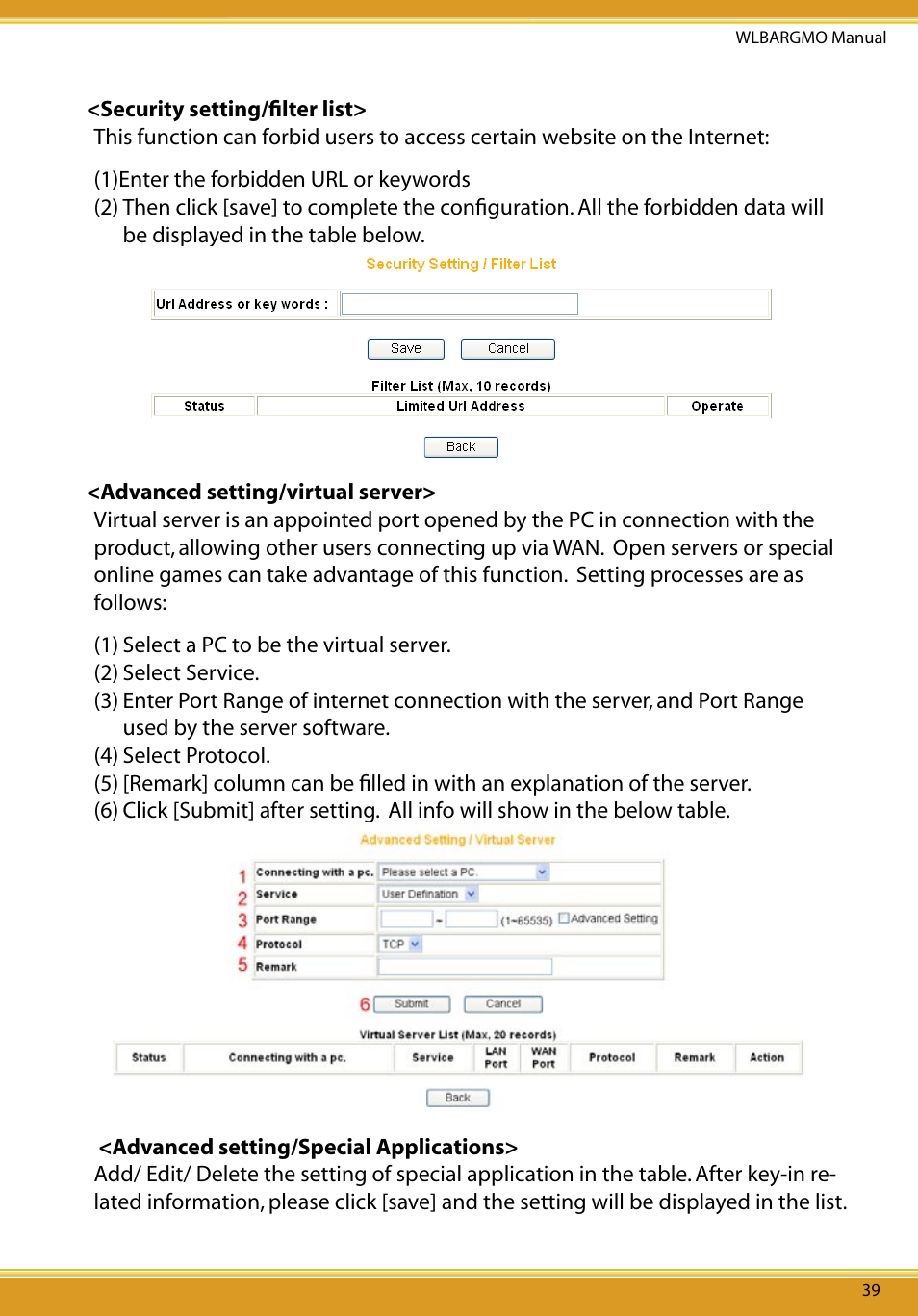 Advanced setting/dmz, Avanced setting/routing table/static routing, Advanced setting/rip | Advancedsetting/routingtable/dynamicrouting(rip) | Allied Telesis CG-WLBARGMO User Manual | Page 41 / 56