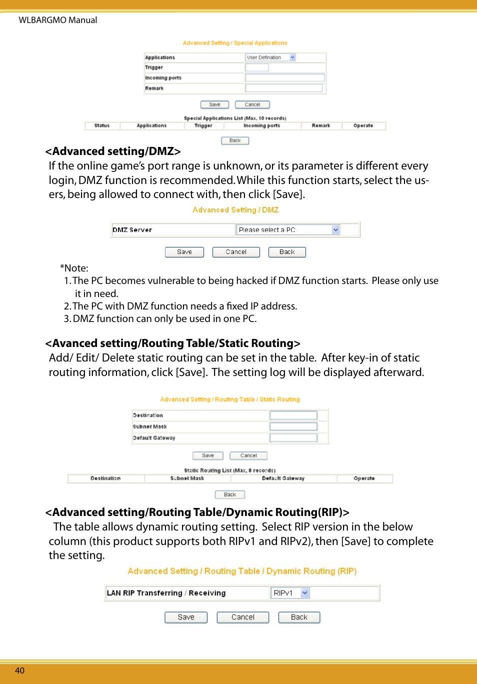 Advanced setting/routing table/routing table, Advanced setting/upnp, Advanced setting/snmp | Allied Telesis CG-WLBARGMO User Manual | Page 42 / 56