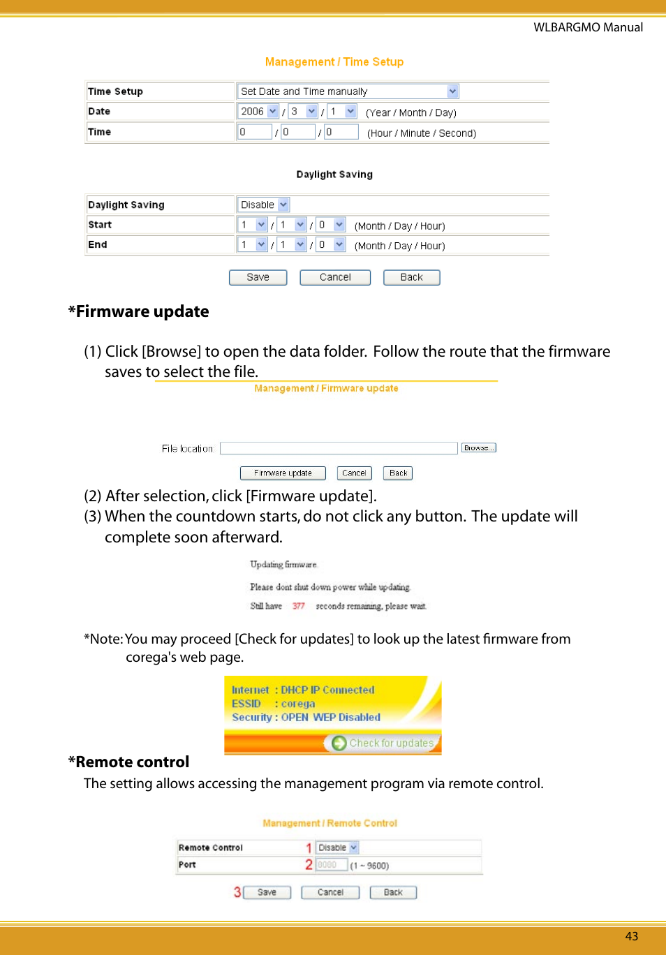 Status, Status/log display/dos attack log, Firmware update | Allied Telesis CG-WLBARGMO User Manual | Page 45 / 56