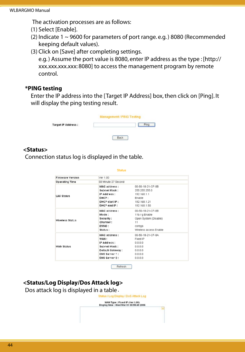 Status/log display/system log, Status/log display/e-mail function | Allied Telesis CG-WLBARGMO User Manual | Page 46 / 56