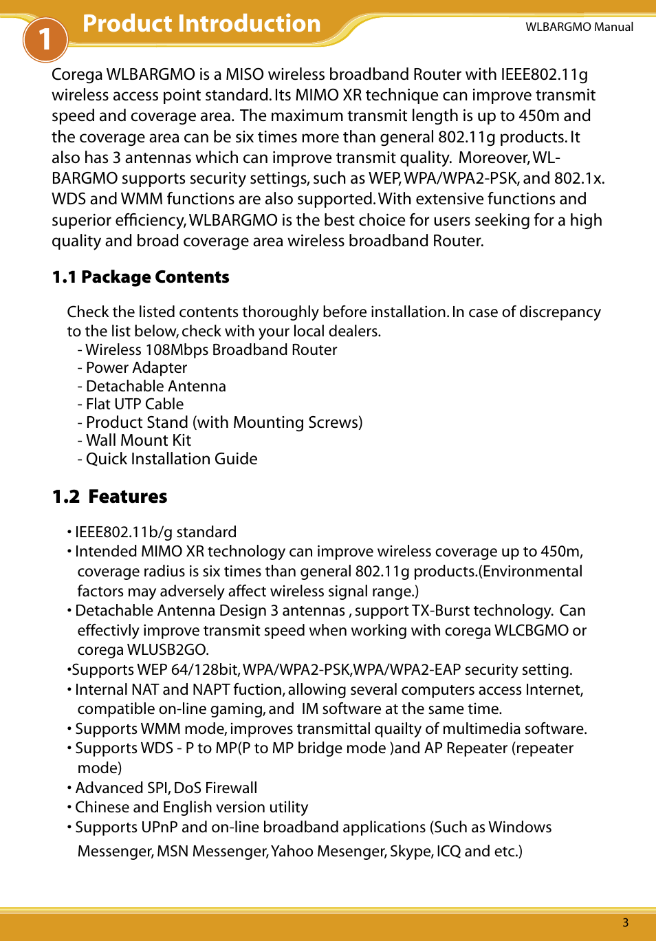 1 package contents, 2 features, Product introduction | Allied Telesis CG-WLBARGMO User Manual | Page 5 / 56