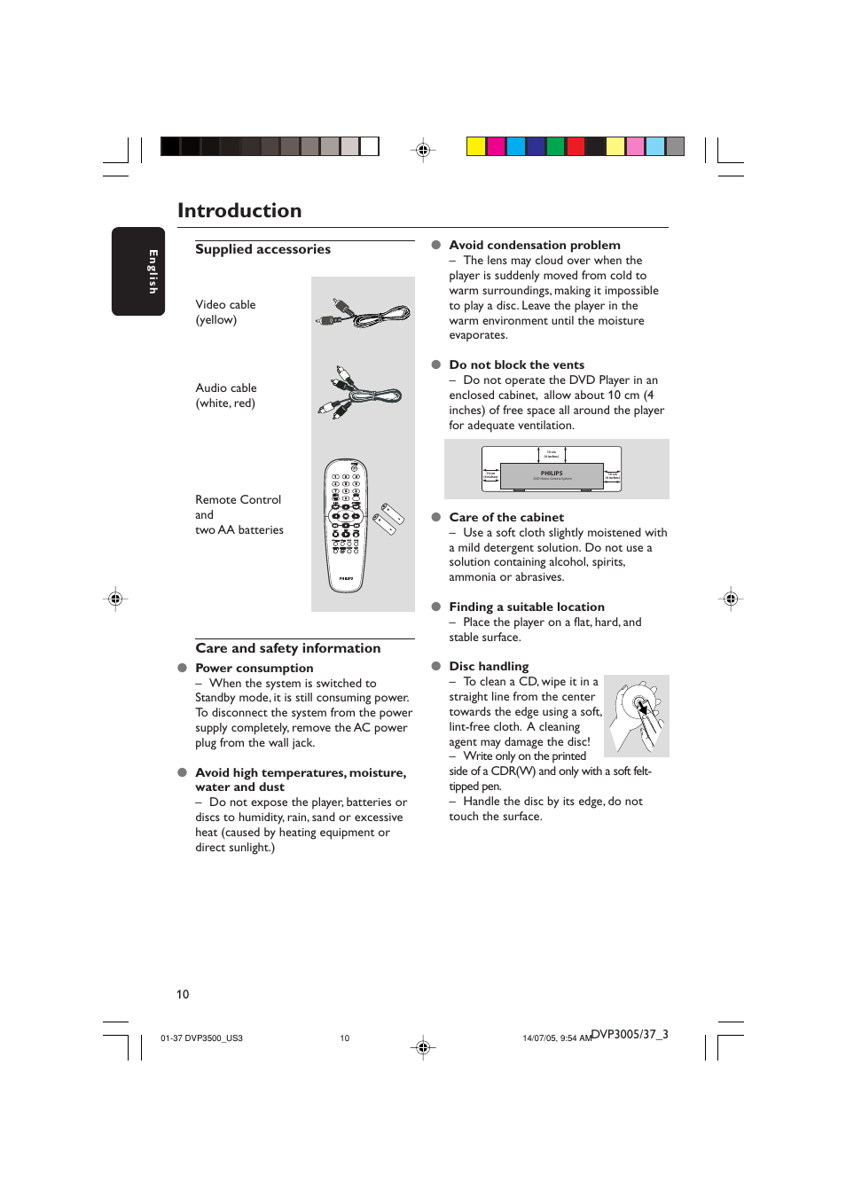 Introduction, Supplied accessories, Care and safety information | Philips DVP3500-37 User Manual | Page 10 / 37