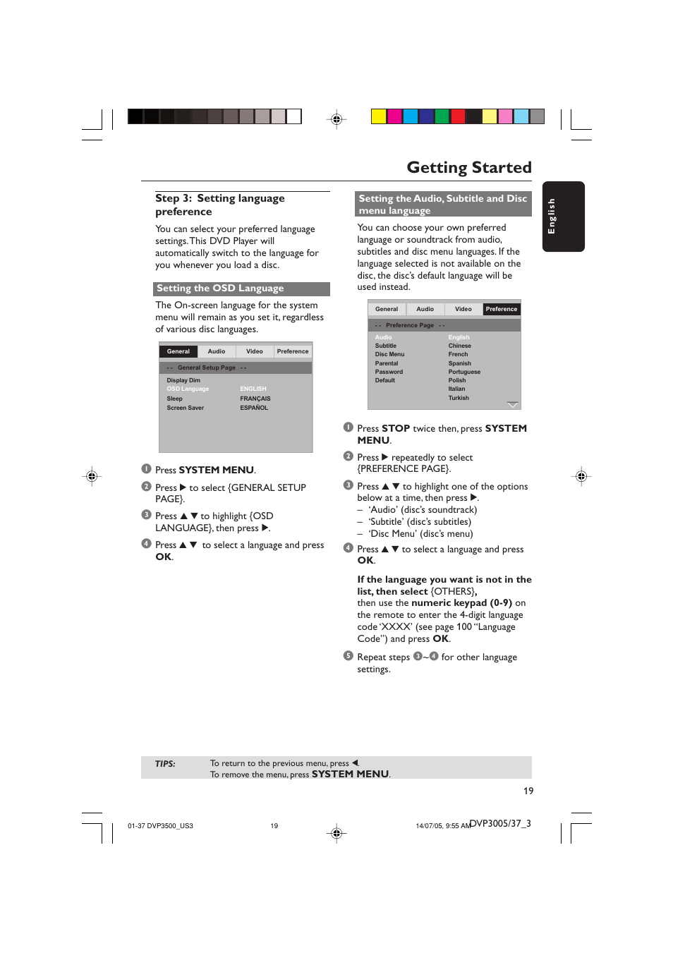 Getting started, Step 3: setting language preference | Philips DVP3500-37 User Manual | Page 19 / 37