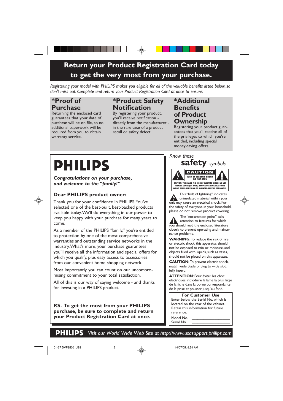 Safety, Proof of purchase, Product safety notification | Additional benefits of product ownership | Philips DVP3500-37 User Manual | Page 2 / 37