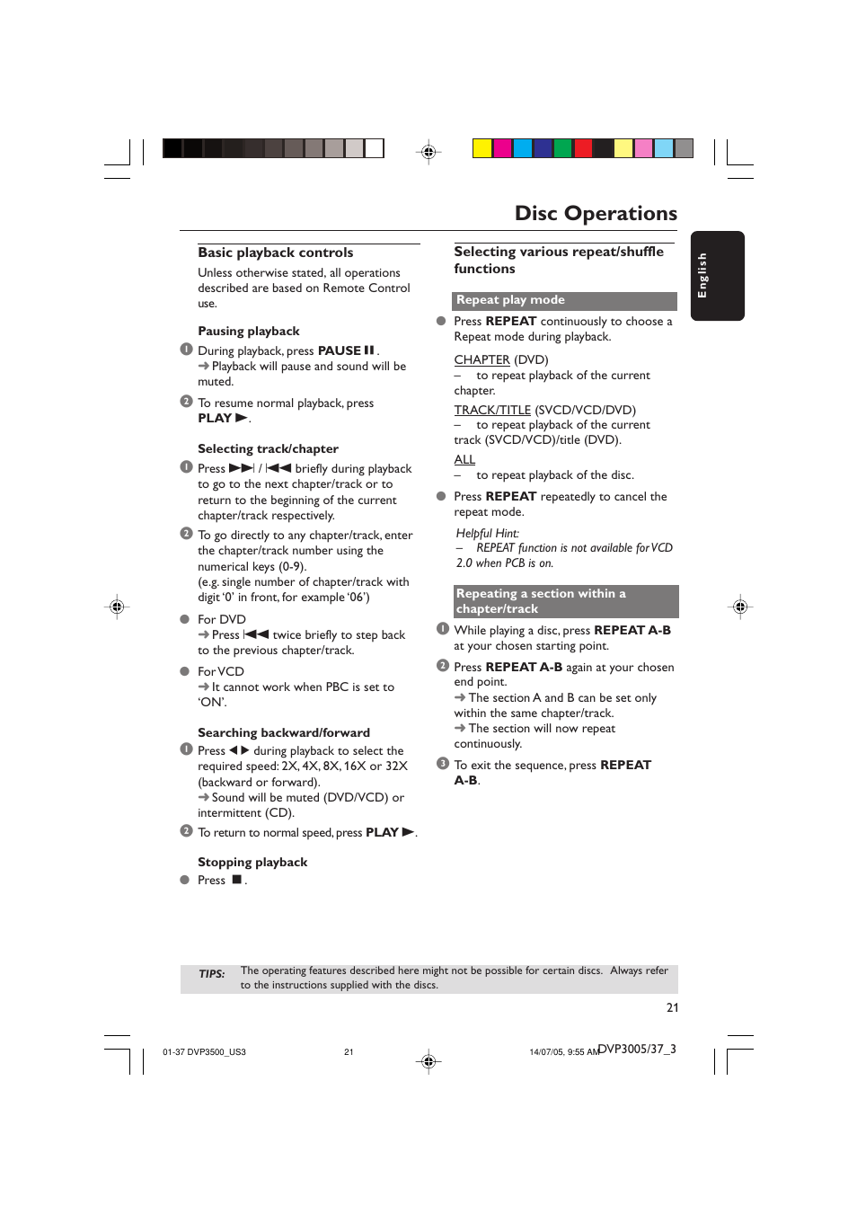 Disc operations | Philips DVP3500-37 User Manual | Page 21 / 37