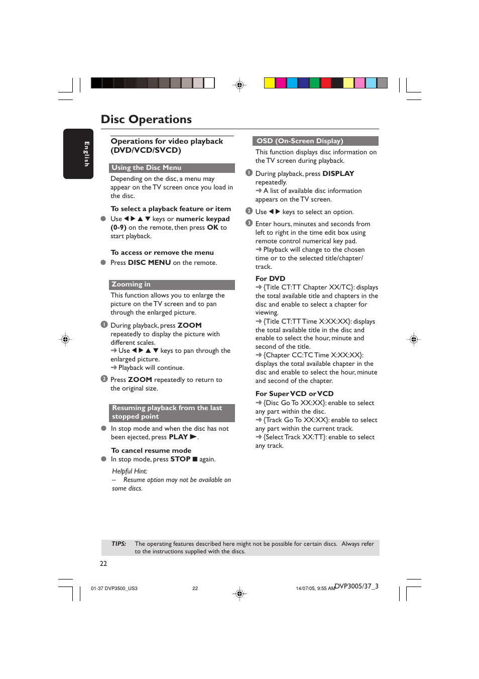 Disc operations | Philips DVP3500-37 User Manual | Page 22 / 37