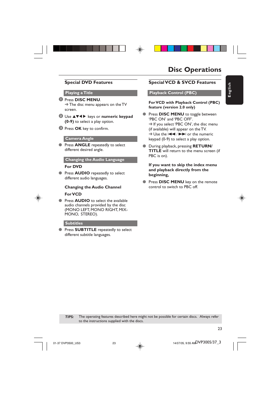 Disc operations | Philips DVP3500-37 User Manual | Page 23 / 37