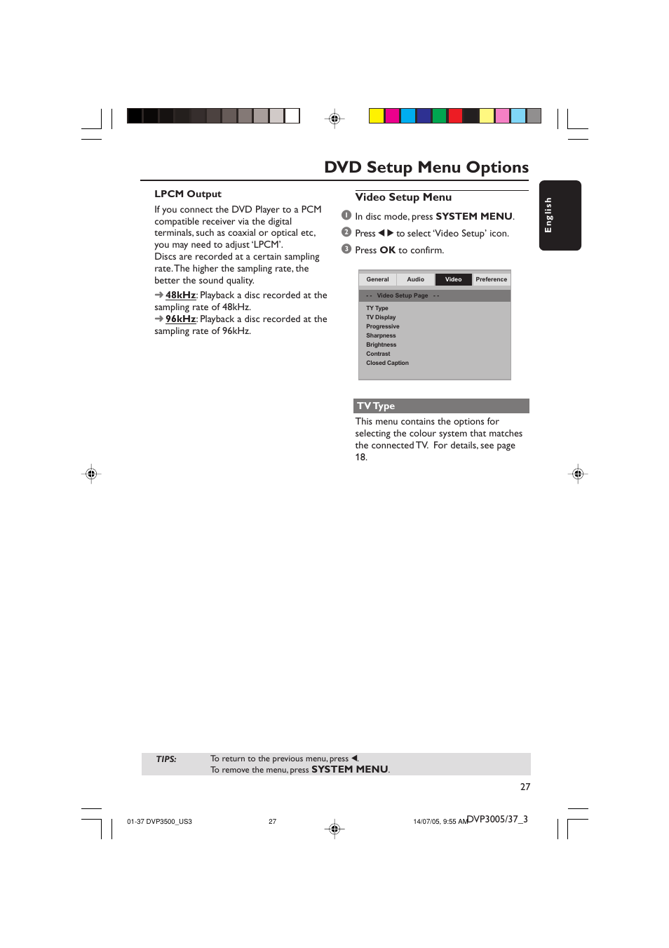 Dvd setup menu options, Video setup menu | Philips DVP3500-37 User Manual | Page 27 / 37