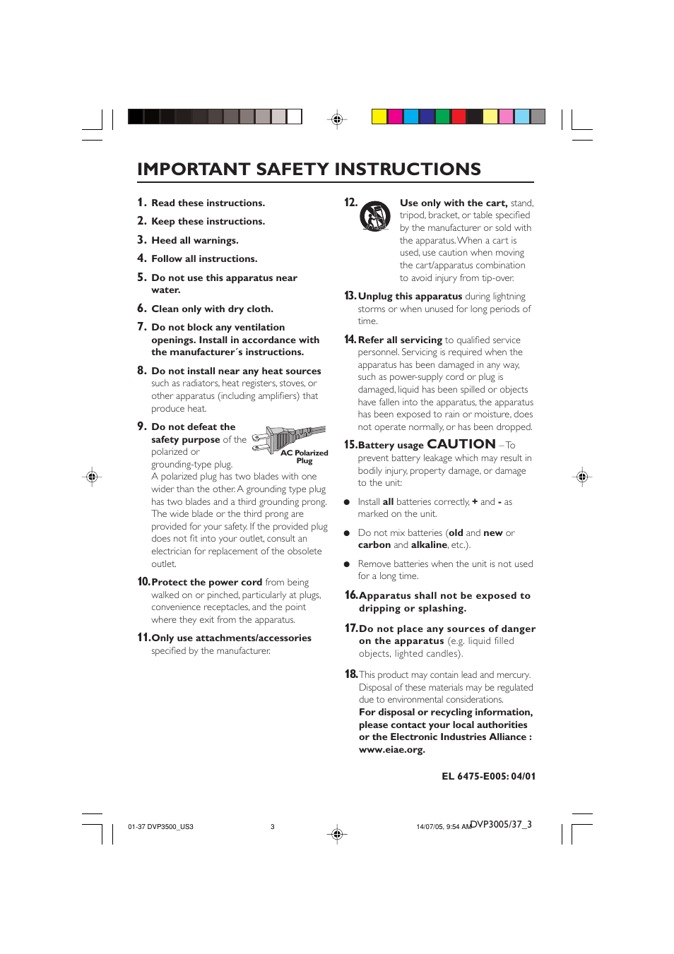 Important safety instructions, Caution | Philips DVP3500-37 User Manual | Page 3 / 37