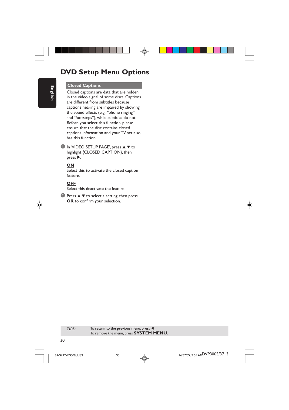 Dvd setup menu options | Philips DVP3500-37 User Manual | Page 30 / 37