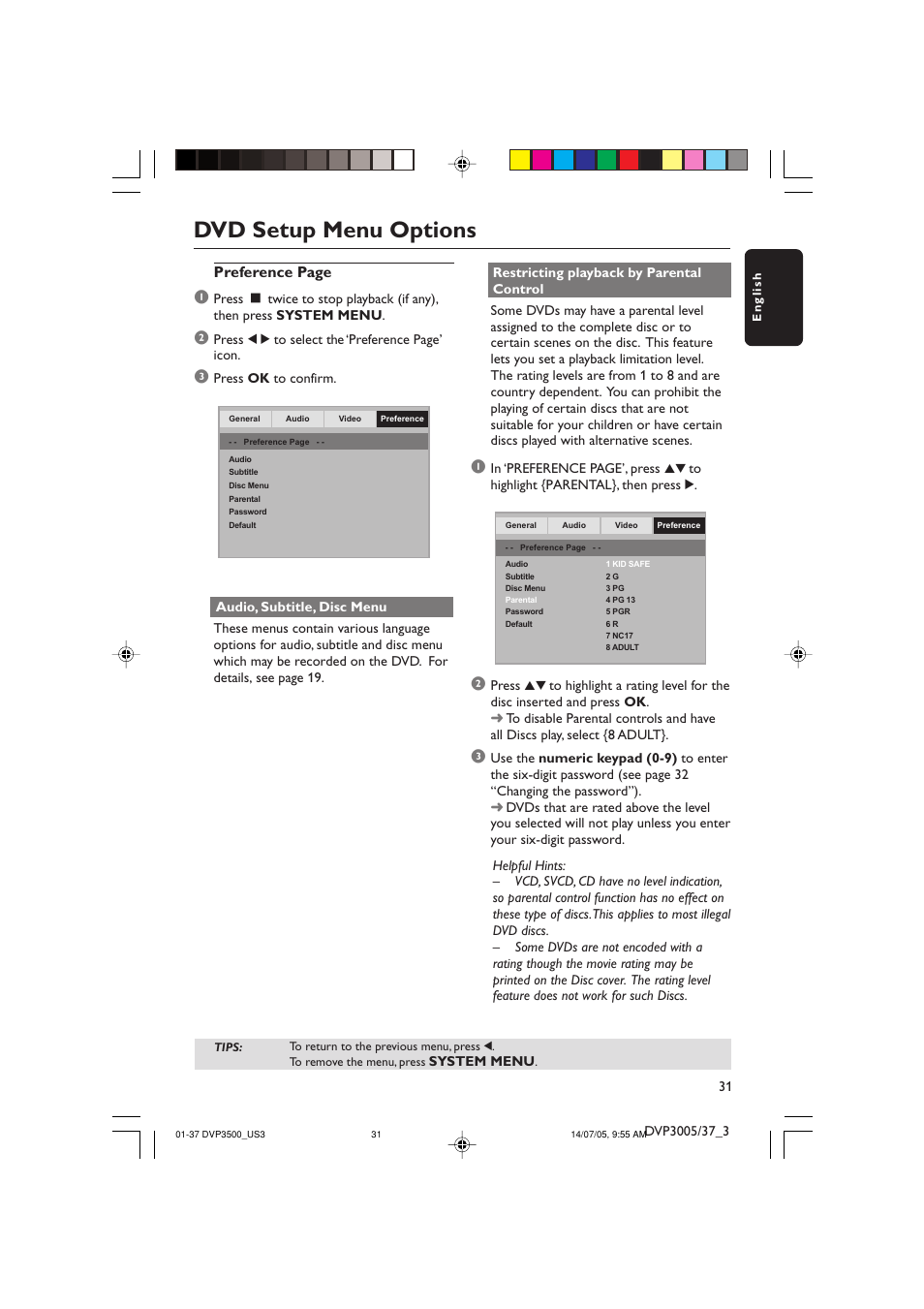 Dvd setup menu options, Preference page | Philips DVP3500-37 User Manual | Page 31 / 37