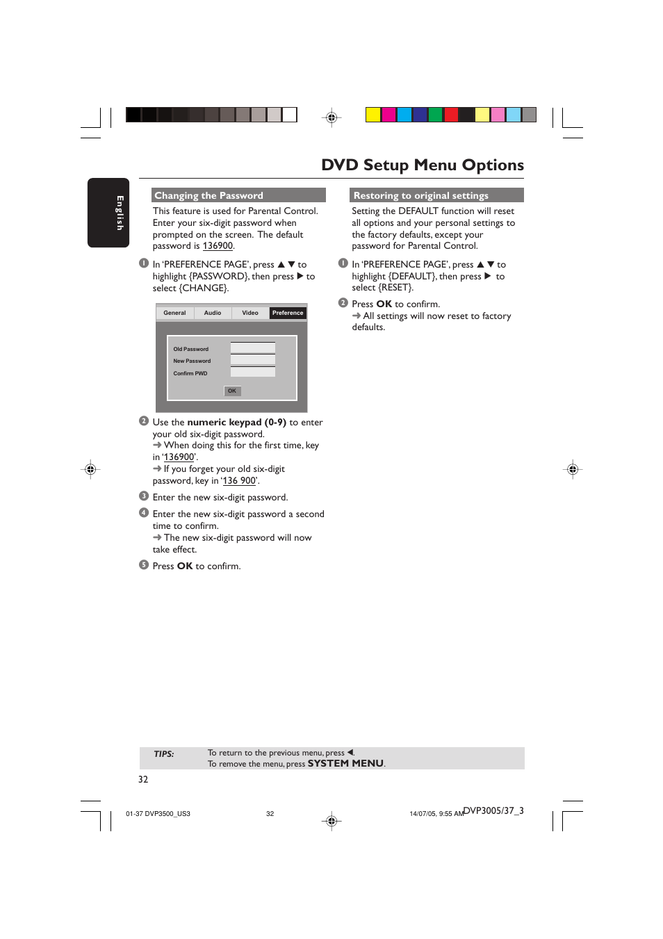 Dvd setup menu options | Philips DVP3500-37 User Manual | Page 32 / 37