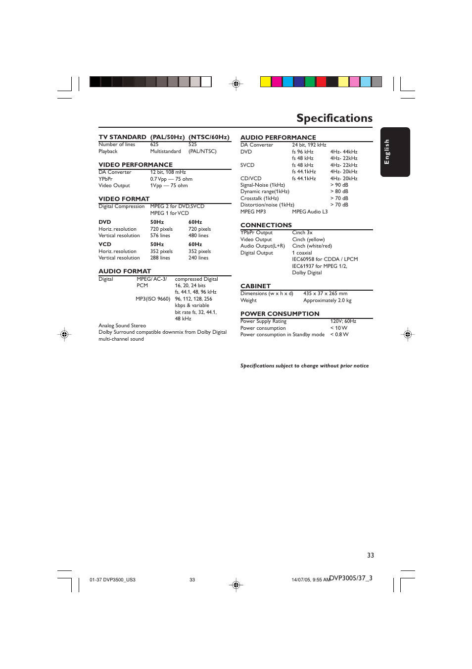 Specifications | Philips DVP3500-37 User Manual | Page 33 / 37