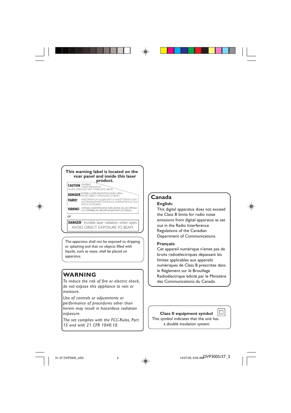 Canada, Warning | Philips DVP3500-37 User Manual | Page 4 / 37