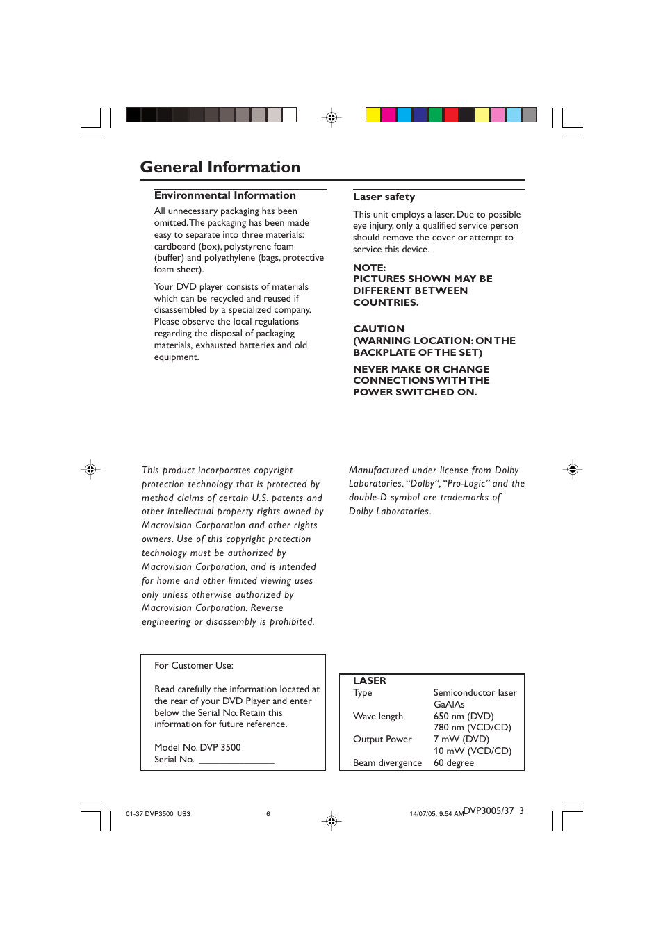 General information | Philips DVP3500-37 User Manual | Page 6 / 37