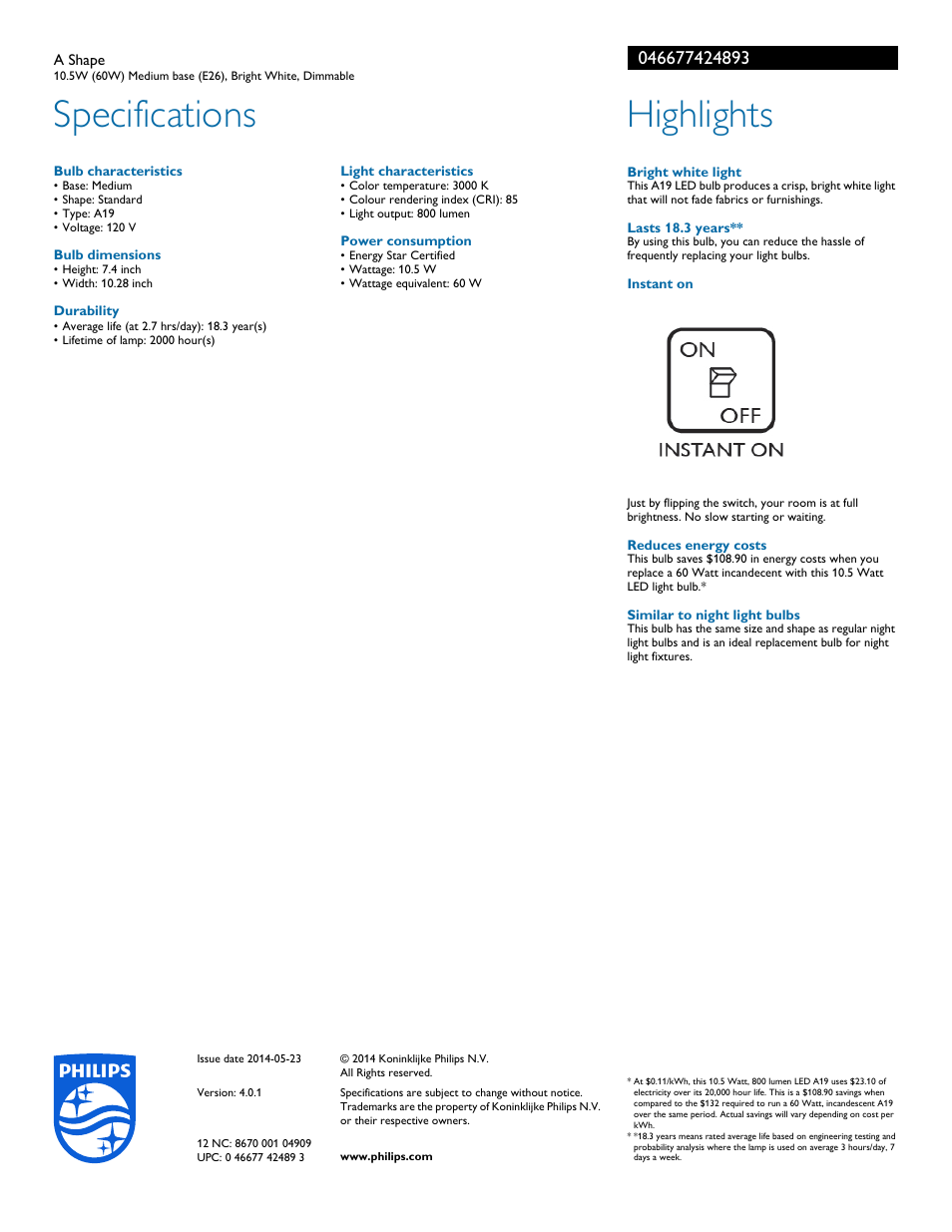 Specifications, Highlights | Philips 046677424893 User Manual | Page 2 / 2