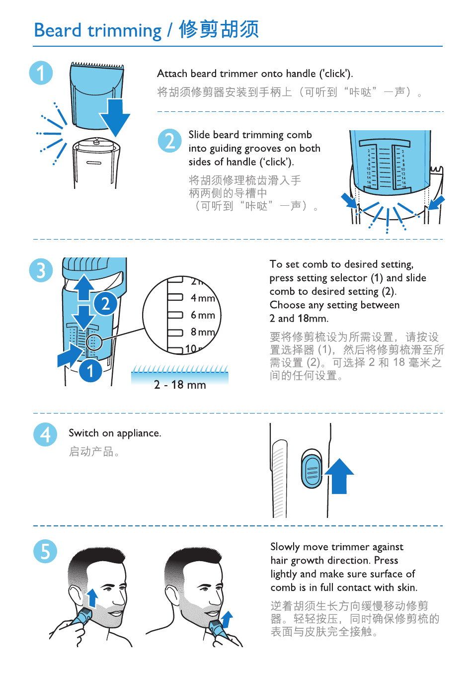 Beard trimming, Wffll "incite’ -*), Sl«s (2), wia# 2 ip 18 | Philips QG3250-32 User Manual | Page 3 / 4