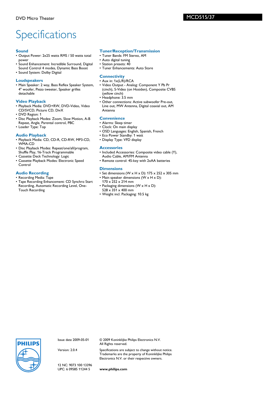 Specifications | Philips MCD515-37 User Manual | Page 3 / 3