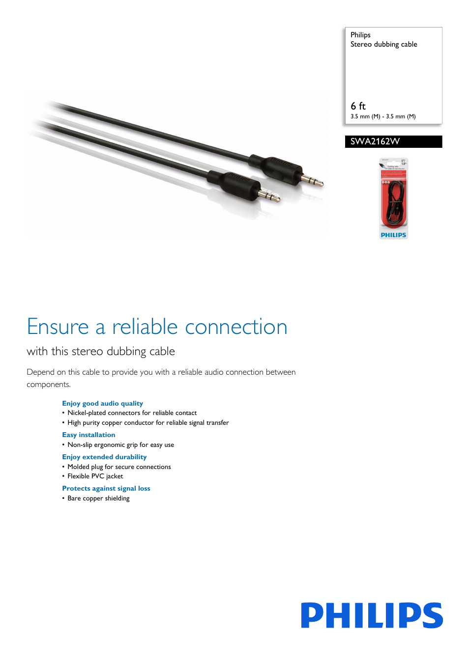 Philips Stereo dubbing cable SWA2162W 6 ft 3.5 mm M - 3.5 mm M User Manual | 2 pages