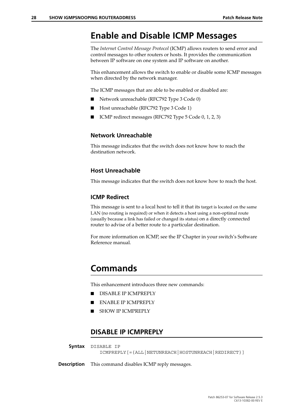 Enable and disable icmp messages, Network unreachable, Host unreachable | Icmp redirect, Commands, Disable ip icmpreply | Allied Telesis 86253-07 User Manual | Page 28 / 34