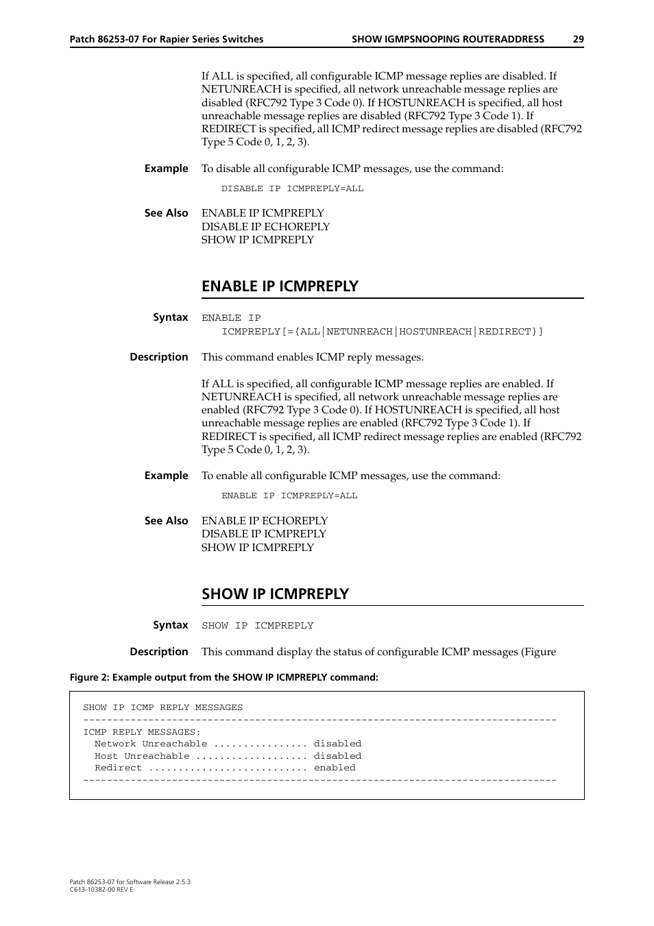 Enable ip icmpreply, Show ip icmpreply | Allied Telesis 86253-07 User Manual | Page 29 / 34