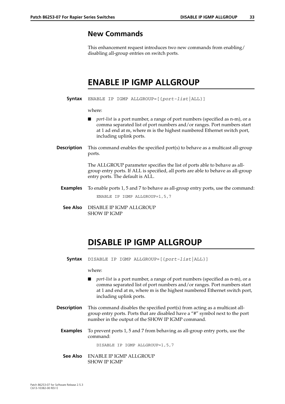 New commands, Enable ip igmp allgroup, Disable ip igmp allgroup | Allied Telesis 86253-07 User Manual | Page 33 / 34
