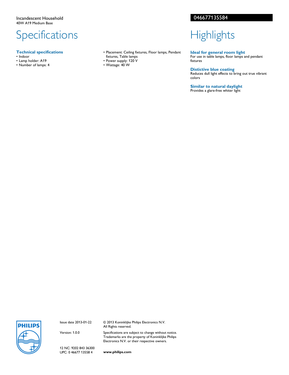 Specifications, Highlights | Philips 046677135584 User Manual | Page 2 / 2