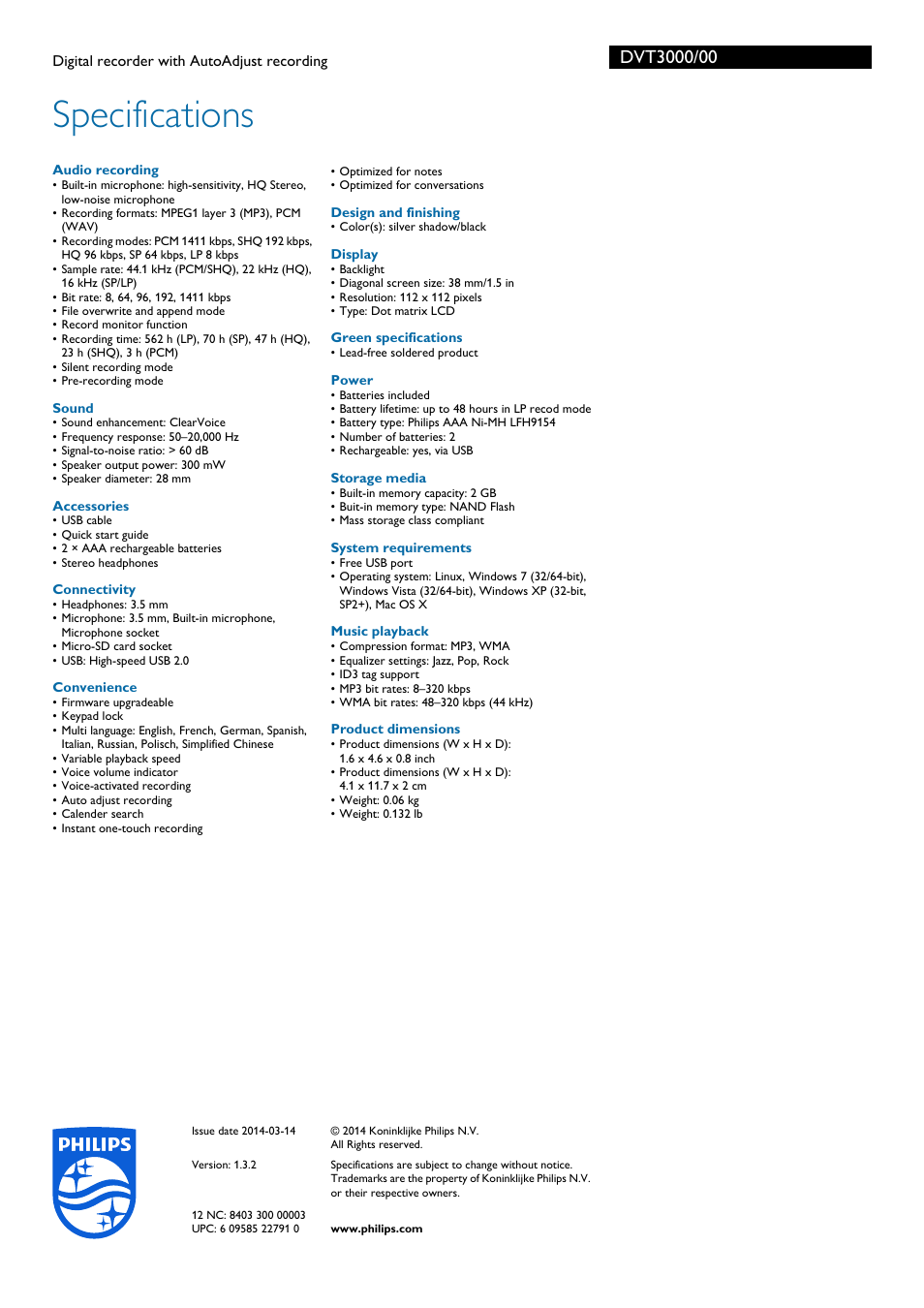 Specifications | Philips DVT3000-00 User Manual | Page 3 / 3