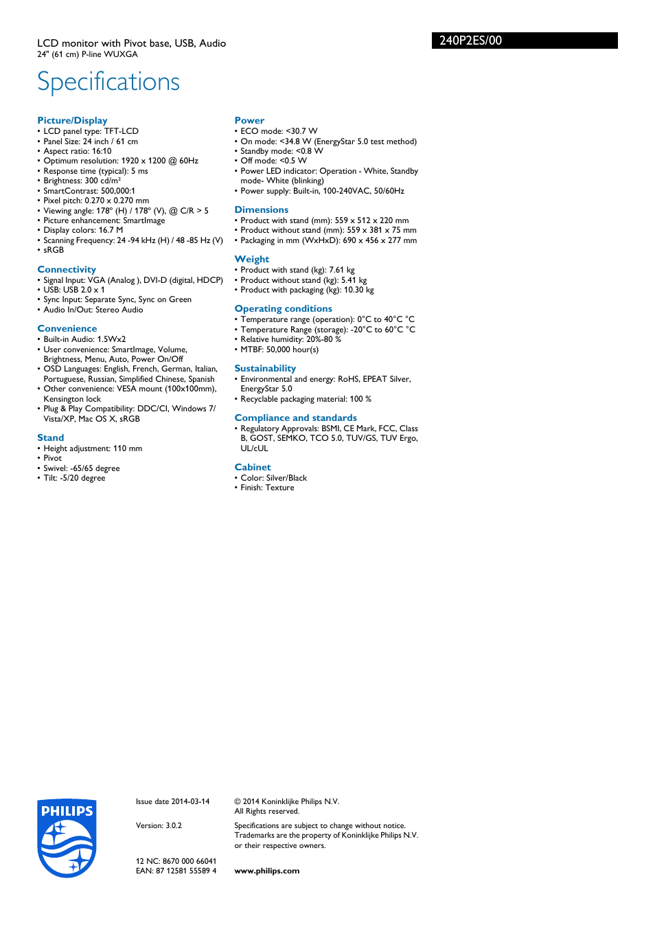 Specifications | Philips 240P2ES-00 User Manual | Page 3 / 3