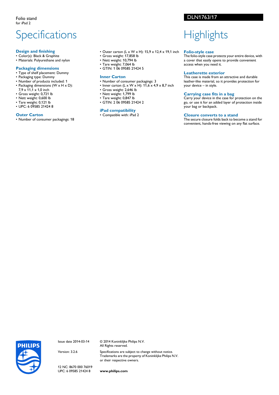 Specifications, Highlights | Philips DLN1763-17 User Manual | Page 2 / 2