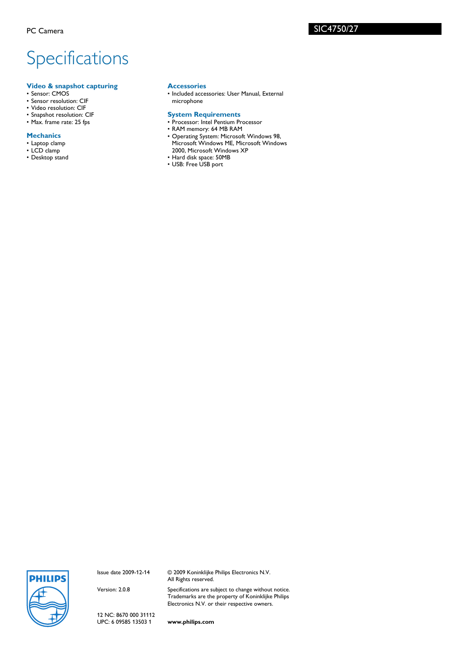 Specifications | Philips SIC4750-27 User Manual | Page 2 / 2
