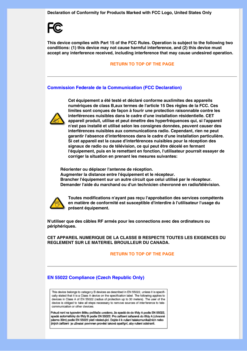 Federale de la communication (fcc declaration), Compliance (czech republic only) | Philips 220BW8EB-27 User Manual | Page 16 / 85