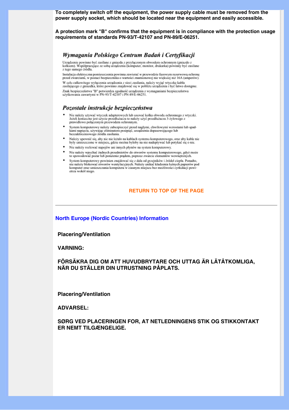 Nordic countries) information | Philips 220BW8EB-27 User Manual | Page 18 / 85