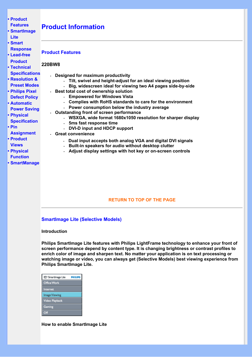 Product information | Philips 220BW8EB-27 User Manual | Page 26 / 85